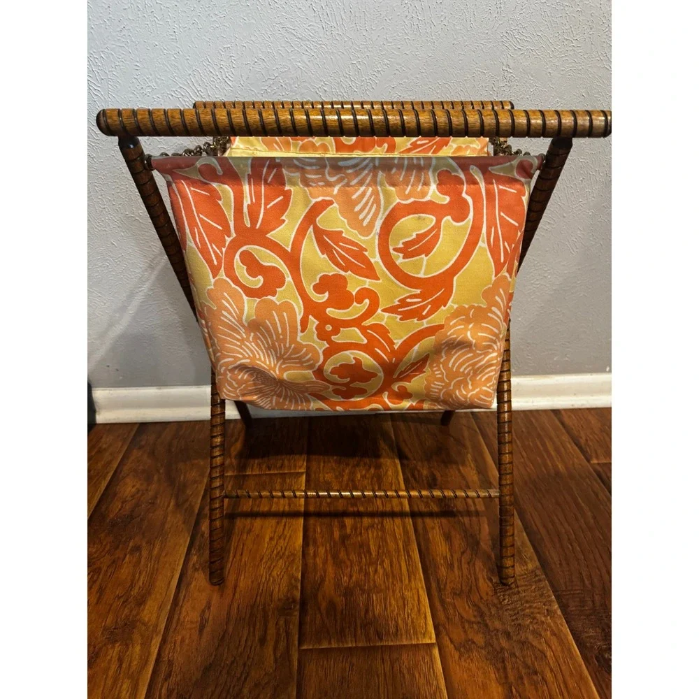 Vintage 1970s Wooden Knitting Bag Yarn Tote Needlework Sew Caddy Floral MCM Boho